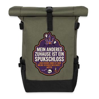 Spukschloss Zuhause lustiger Spruch - Rolltop Rucksack - Olive/Schwarz - Vorne