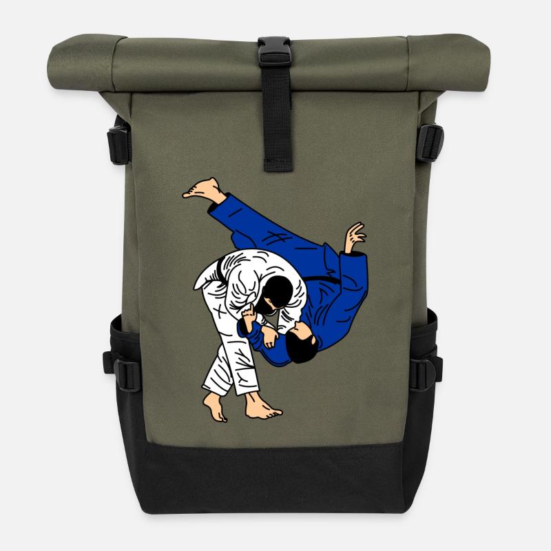 Judo werfen im Wettkampf blau-weißer Anzug oder Kimono - Rolltop Rucksack - Olive/Schwarz