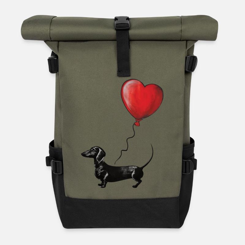 Herzballon Dackel Illustration - Rolltop Rucksack - Olive/Schwarz