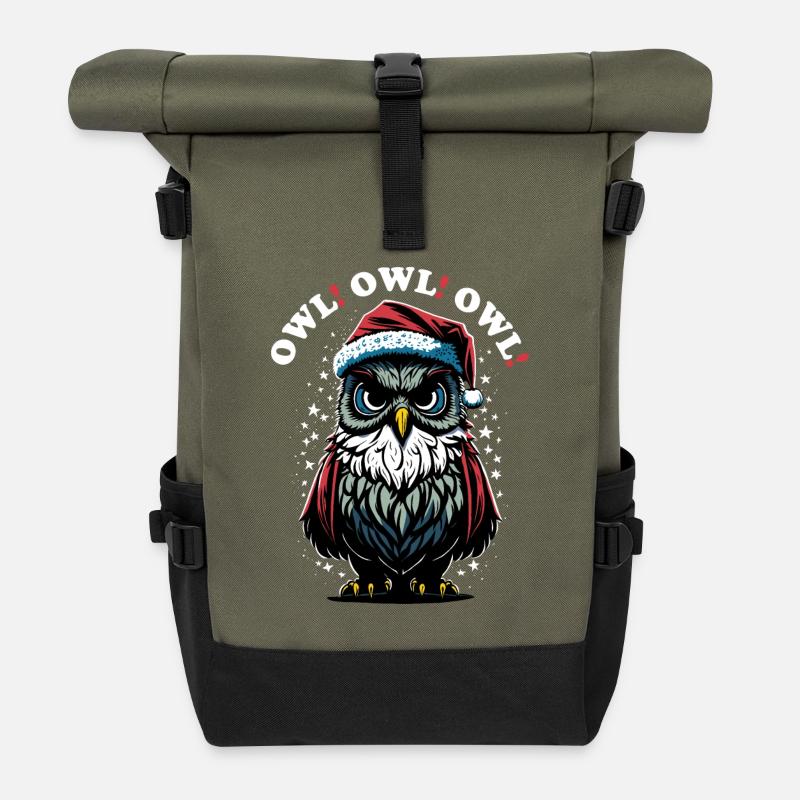 Weihnachtsmann Eule - Rolltop Rucksack - Olive/Schwarz