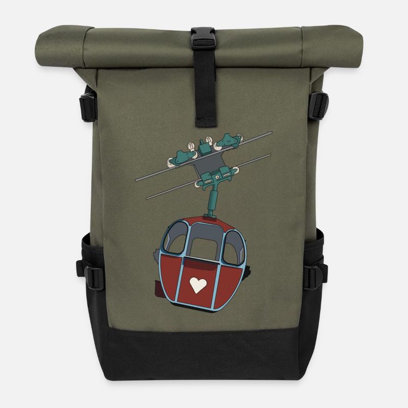 Seilbahn Gondel - Rot Herz - Rolltop Rucksack - Olive/Schwarz