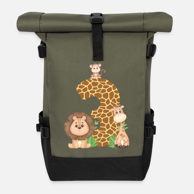 3. Geburtstag Dschungeltiere Giraffe Löwe Affe - Rolltop Rucksack - Olive/Schwarz