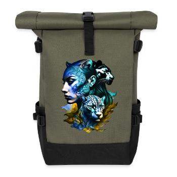 Leopard with a legendary female face - Roll Top Backpack - olive/black - Front
