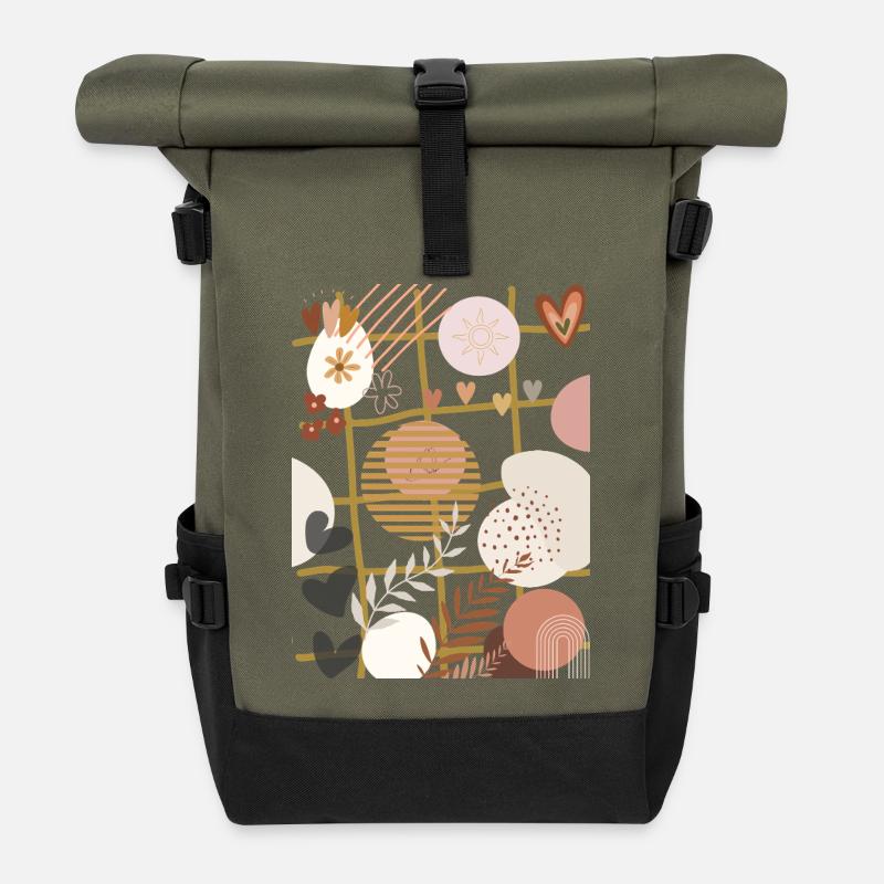 Bohemian Flowers on Gilt Grid - Roll Top Backpack - olive/black
