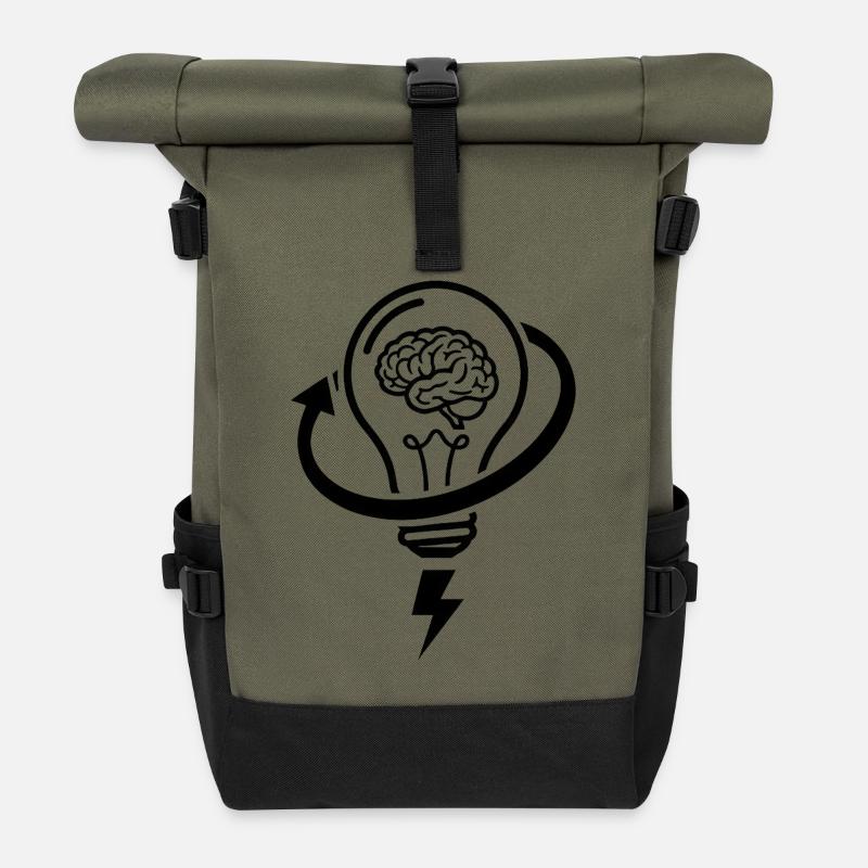 Brain and lamp – brainstorming session - Roll Top Backpack - olive/black