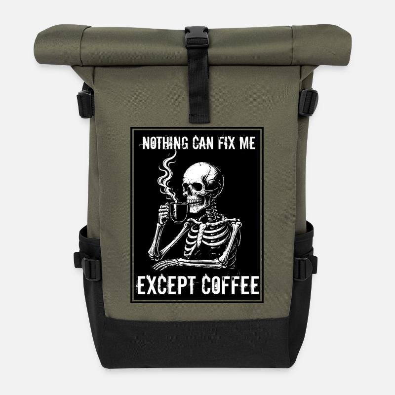 Vintage Skeleton Drinking Coffee - Nothing Can Fix - Roll Top Backpack - olive/black