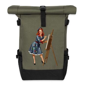 Peinture rétro pin-up sur toile - Sac à dos roll top - olive/noir - Devant