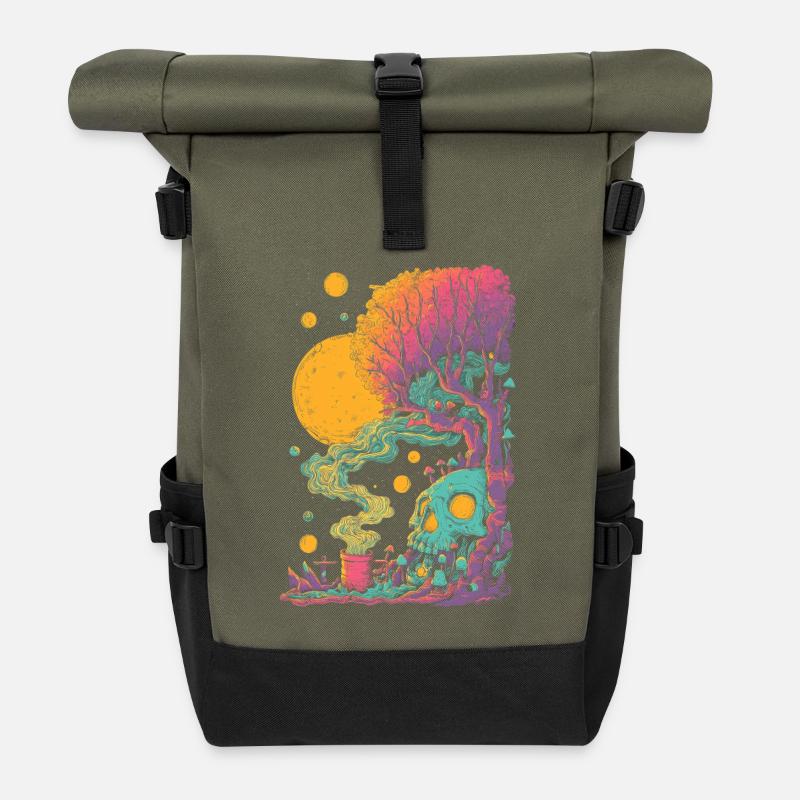 Psychedelischer Baumskull im Kosmos - Rolltop Rucksack - Olive/Schwarz