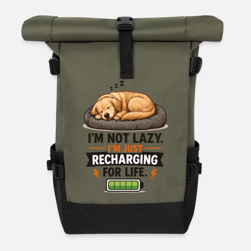 Recharge Mode: Sleepy Pup - Roll Top Backpack - olive/black