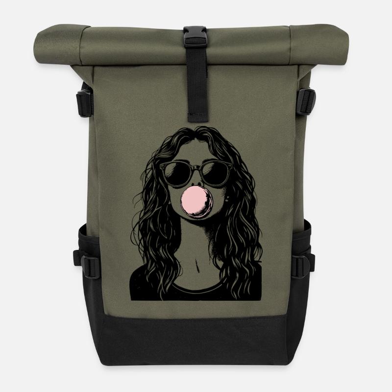 Cooles Mädchen bläst Kaugummi - Rolltop Rucksack - Olive/Schwarz