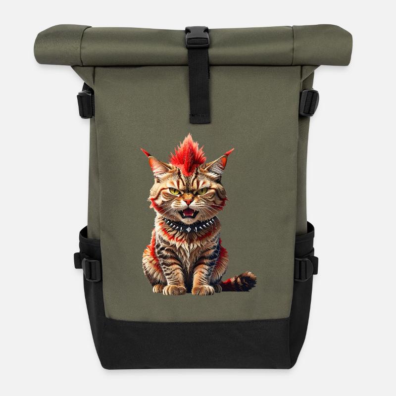 Punk Cat - Roll Top Backpack - olive/black