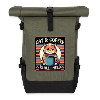 Katze und Kaffee ist alles was ich brauche - Rolltop Rucksack - Olive/Schwarz - Vorne