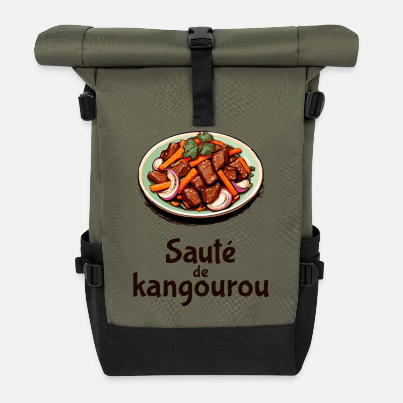 Känguru-Pfanne - Dunkler Text - Rolltop Rucksack - Olive/Schwarz