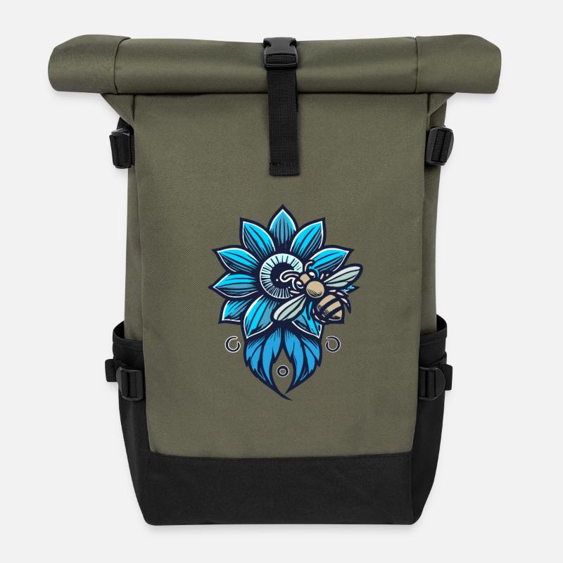 Fleur bleue avec abeille - Sac à dos roll top - olive/noir