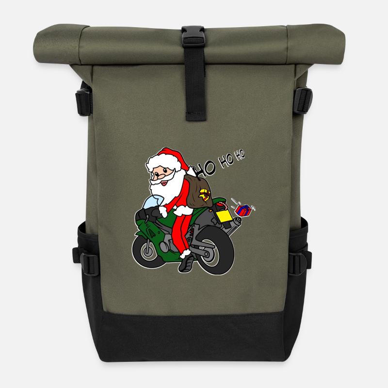 Weihnachts-Weihnachtsmann auf Motorrad mit Geschenken - Rolltop Rucksack - Olive/Schwarz