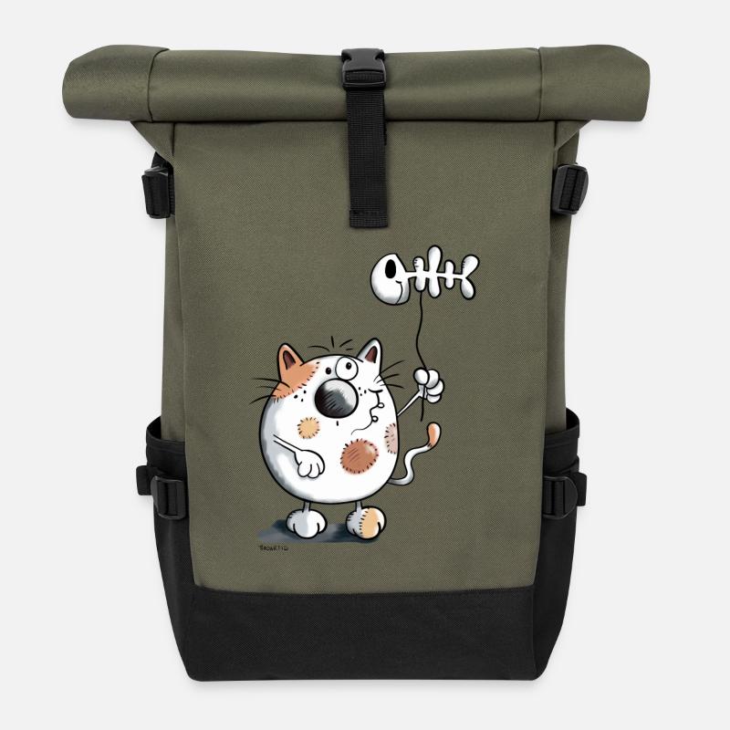 Katze mit Ballon Fisch  - Rolltop Rucksack - Olive/Schwarz