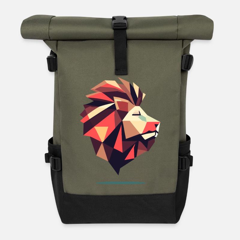 Eckgeometrischer Löwe - Rolltop Rucksack - Olive/Schwarz