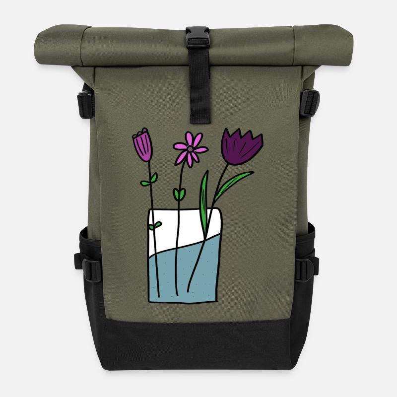 Flowers in clay pot design - Roll Top Backpack - olive/black
