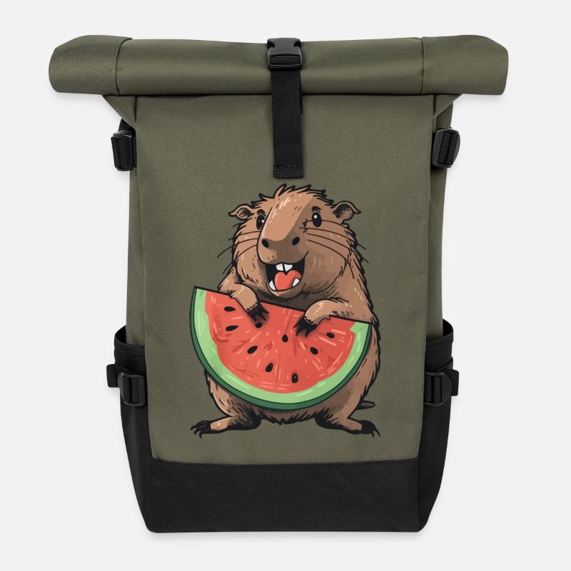 Capybara isst Wassermelone - Rolltop Rucksack - Olive/Schwarz