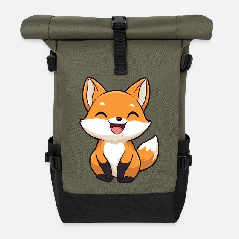 Renard mignon et heureux dans le style dessin animé - Sac à dos roll top - olive/noir