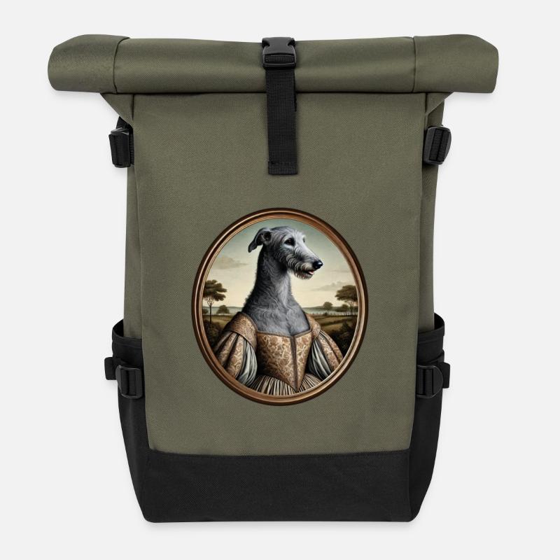 Portrait de l’Irish Wolfhound Amber - Sac à dos roll top - olive/noir