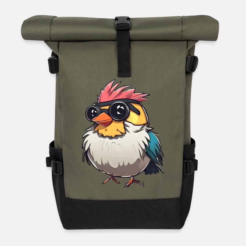 Bunte Techno-Vogel-Illustration - Rolltop Rucksack - Olive/Schwarz