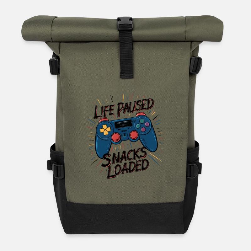 Life Paused, Snacks Loaded - Roll Top Backpack - olive/black