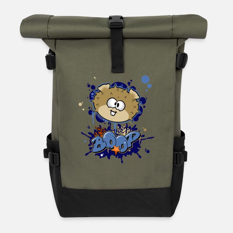 Graffiti Pufferfish - Roll Top Backpack - olive/black