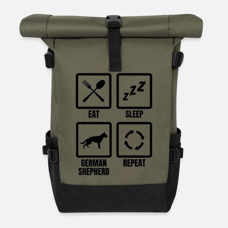 Deutscher Schäferhund Tagesablauf - Rolltop Rucksack - Olive/Schwarz