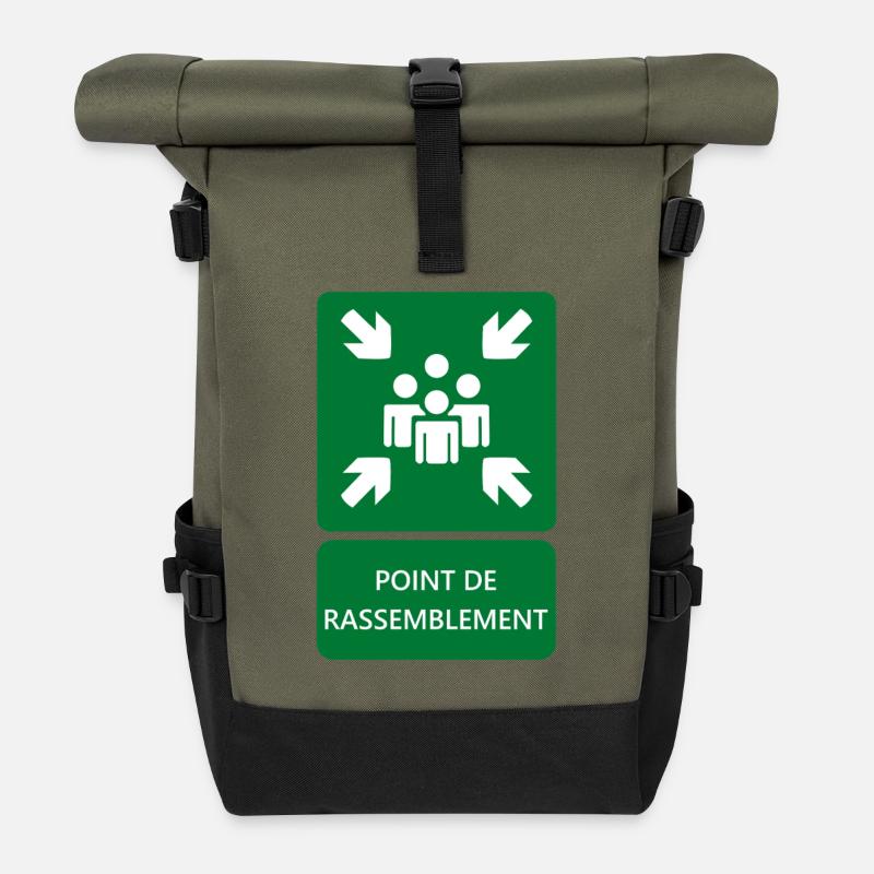 assembly point sign, signage - Roll Top Backpack - olive/black