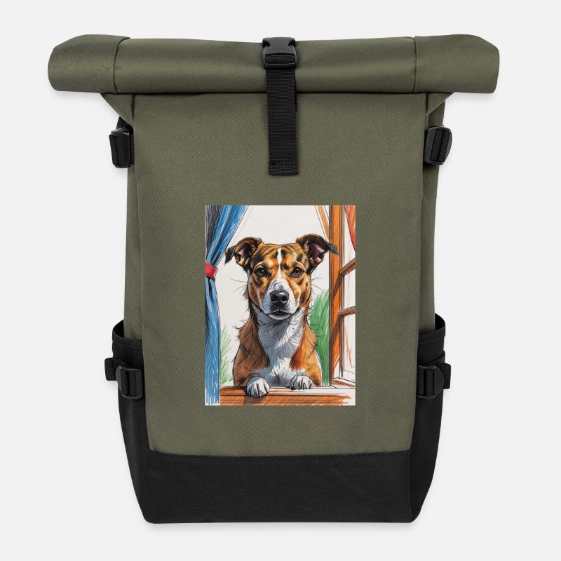 Dog from the Arty Window - Roll Top Backpack - olive/black