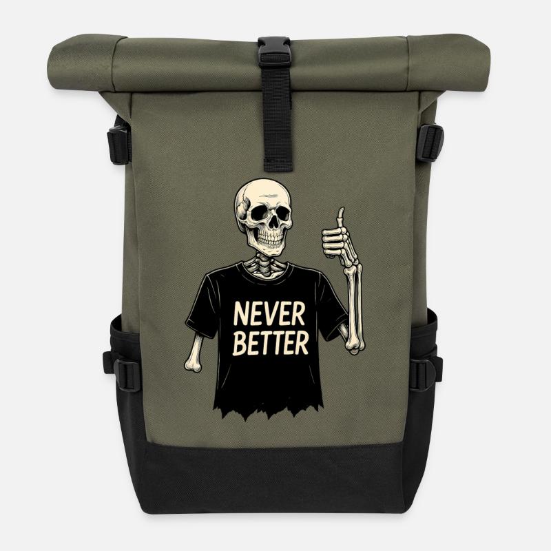 Never Better – Smiling Skeleton in a Torn Shirt - Roll Top Backpack - olive/black