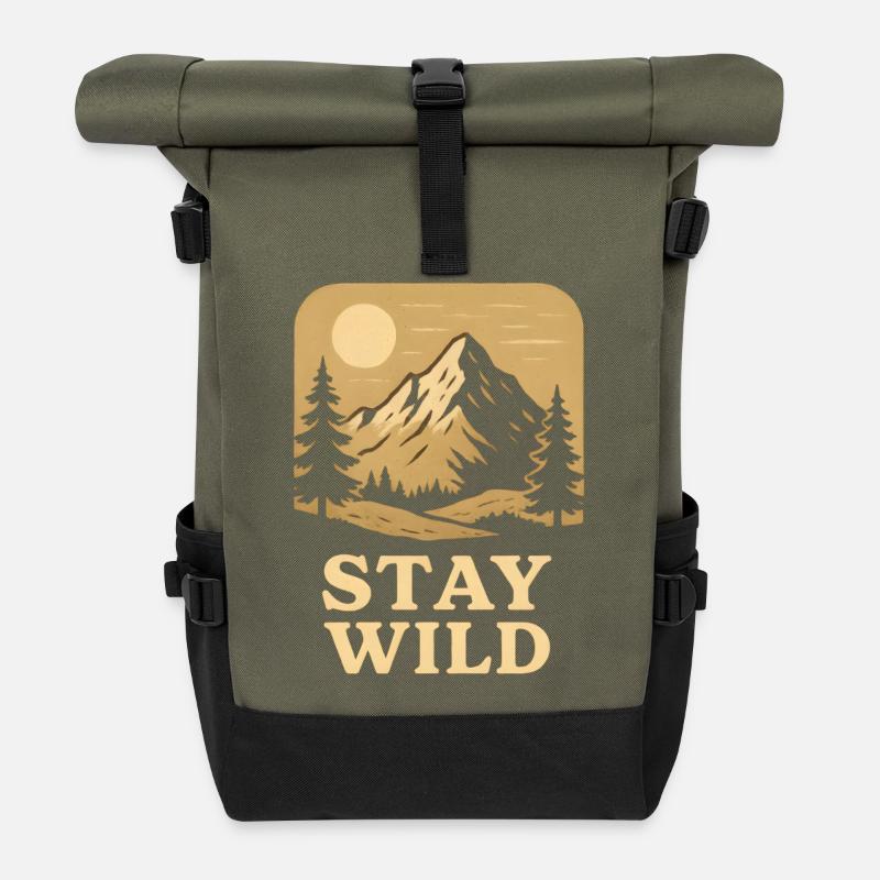 Wilderness Mountains with Moon and Trees - Roll Top Backpack - olive/black