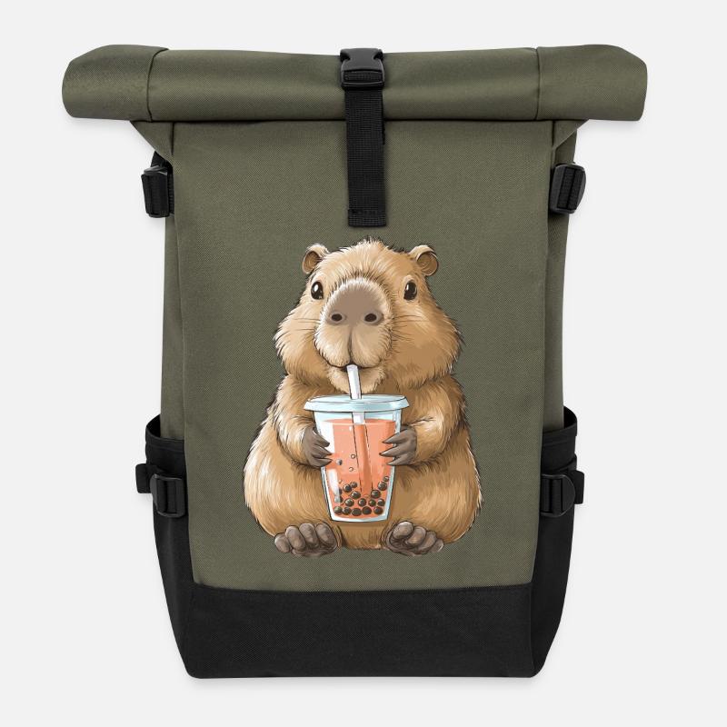 Süßes Anime Capybara Bubble Tea Boba Tea  - Rolltop Rucksack - Olive/Schwarz
