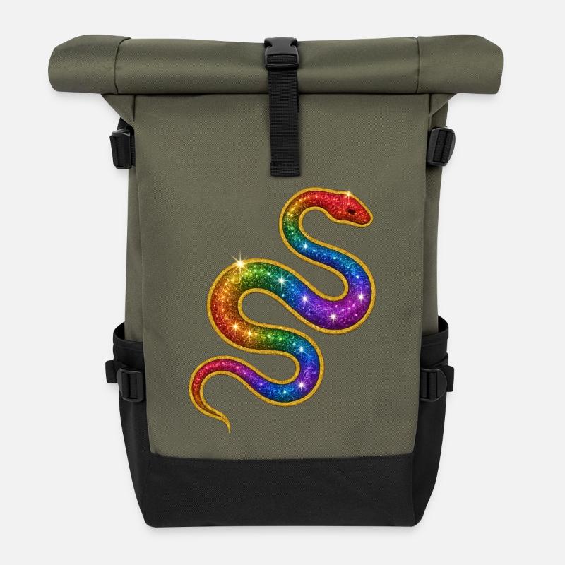 Regenbogen Glitzer Schlange - Rolltop Rucksack - Olive/Schwarz