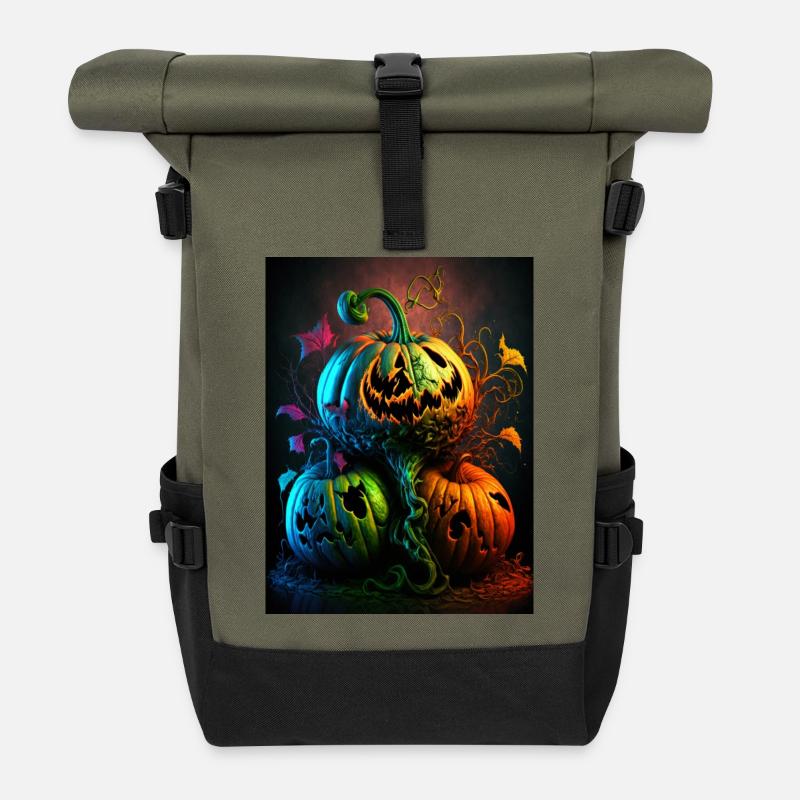 Neon Halloween Kürbisse - Rolltop Rucksack - Olive/Schwarz