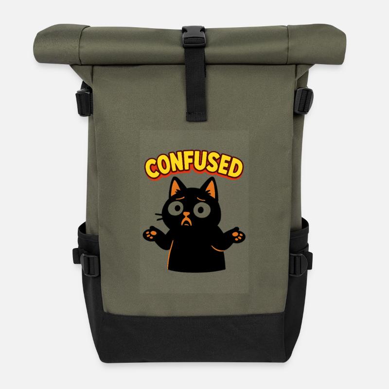 Confused Cat: Disoriented Comic Illustration - Roll Top Backpack - olive/black
