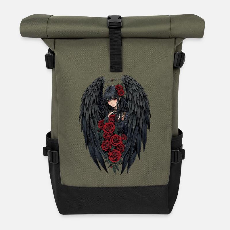 Night Angel Rose Wings - Roll Top Backpack - olive/black