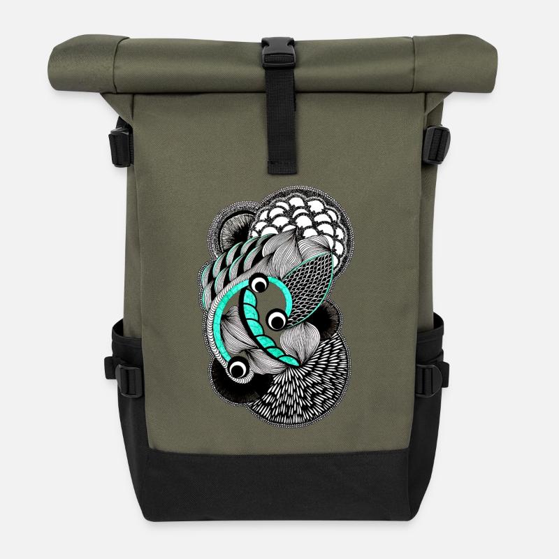 Koi Line Art in Turquoise and Black - Roll Top Backpack - olive/black
