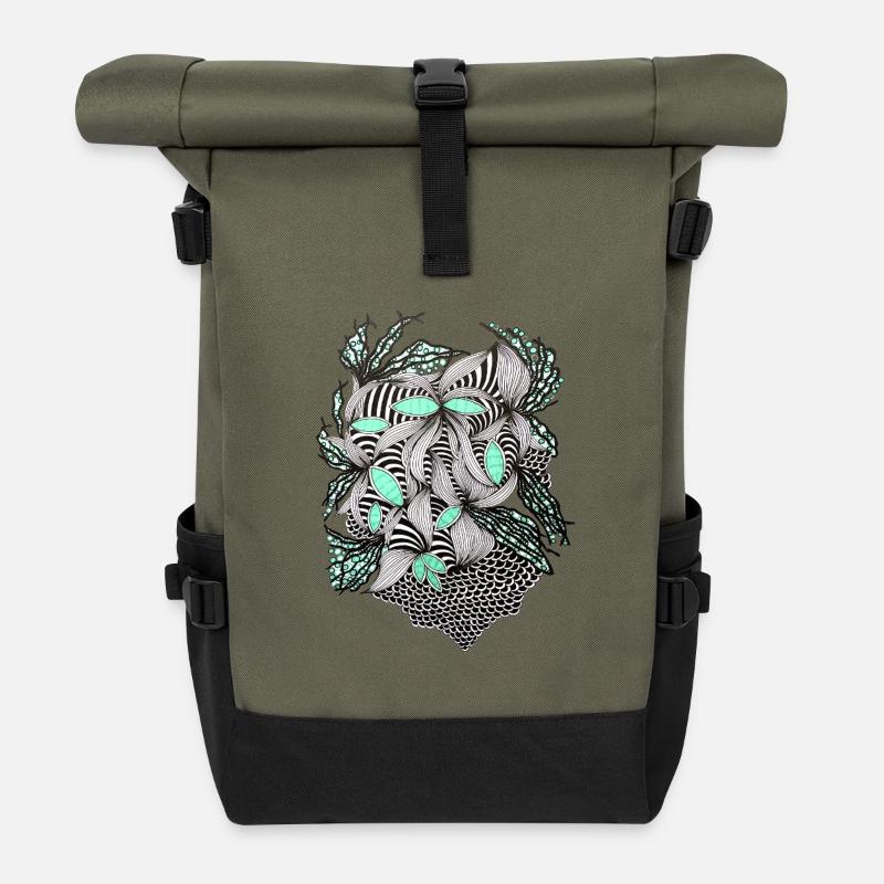 Linienblumen Muster Mintakzent - Rolltop Rucksack - Olive/Schwarz