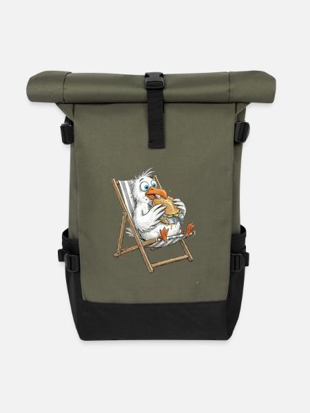Gourmet- Möwe im Strandstuhl mit Fischbrötchen - Rolltop Rucksack - Olive/Schwarz