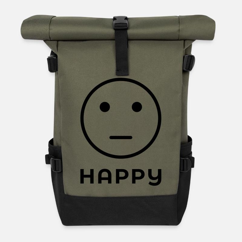 "HAPPY" Neutral Face - Roll Top Backpack - olive/black