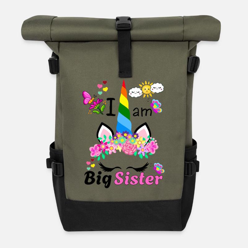 Ich bin große Schwester Floral Unicorn - Rolltop Rucksack - Olive/Schwarz