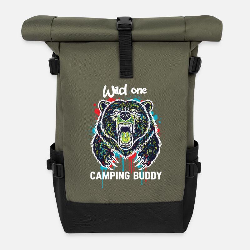 Wilder Campingkumpel Grizzlybär - Rolltop Rucksack - Olive/Schwarz