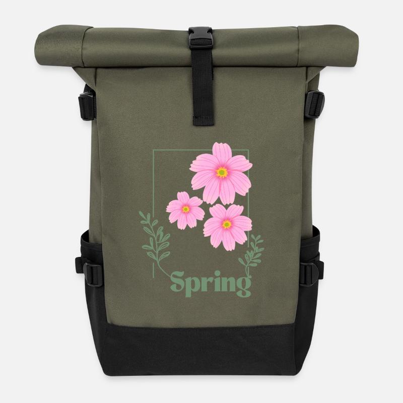 Spring Floral Design Pink - Roll Top Backpack - olive/black