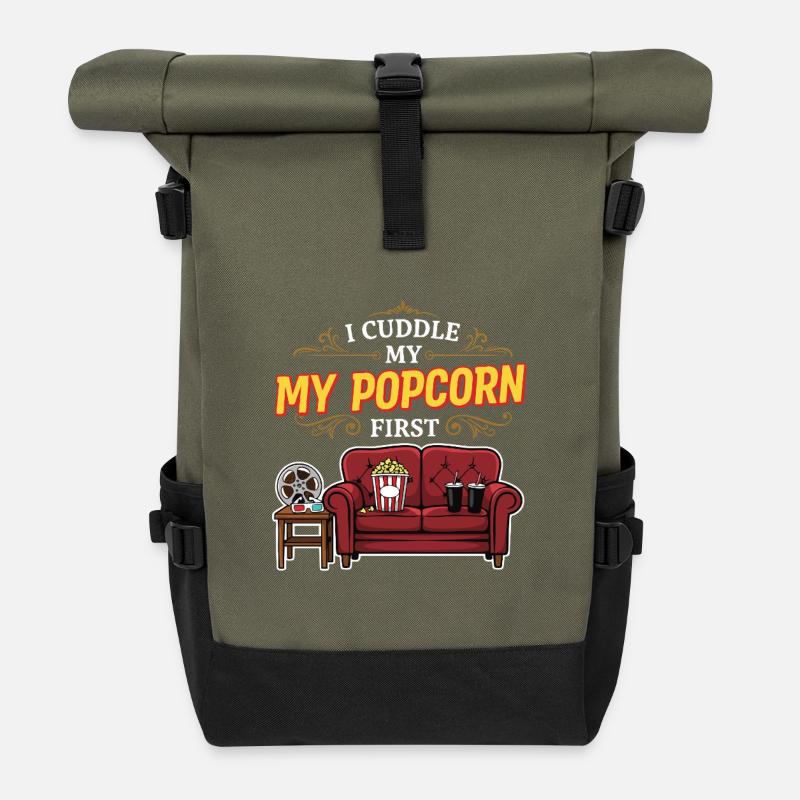 Cinema Humor Quote Popcorn First - Roll Top Backpack - olive/black