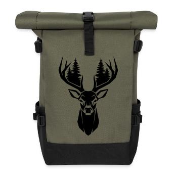 Deer Head Trees Forest Silhouette - Roll Top Backpack - olive/black - Front