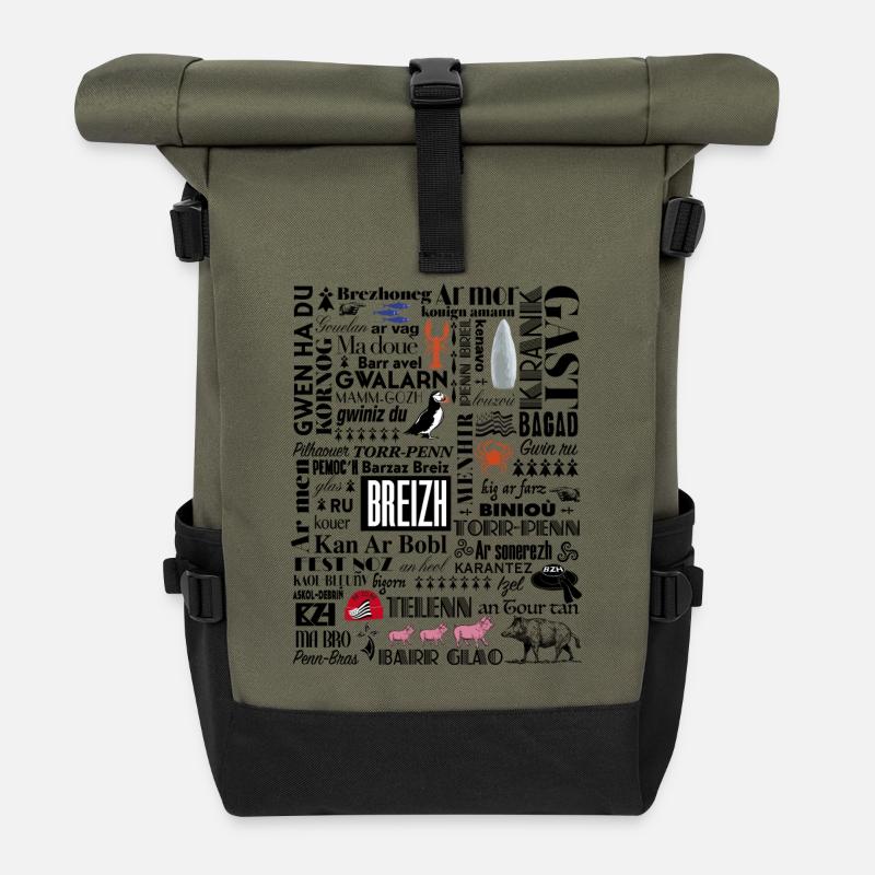 LES MOTS DE LA BRETAGNE - Breizh - BZH -2 - Sac à dos roll top - olive/noir