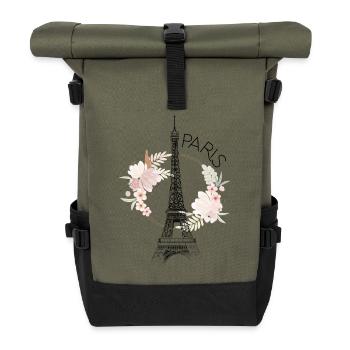 Paris Eiffel Tower France Floral Line Art - Roll Top Backpack - olive/black - Front