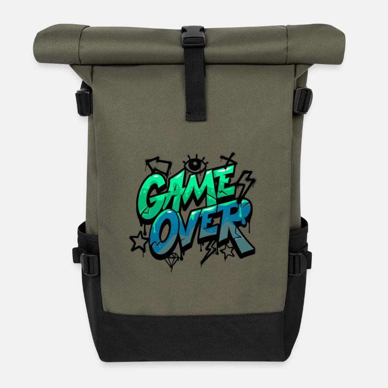 Game Over Neon Graffiti Design - Rolltop Rucksack - Olive/Schwarz